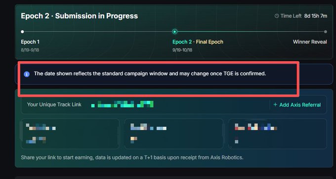 A dashboard interface shows 'Epoch 2 · Submission in Progress' with highlighted text stating 'The date shown reflects the standard campaign window and may change once TGE is confirmed.' along with referral tracking sections.