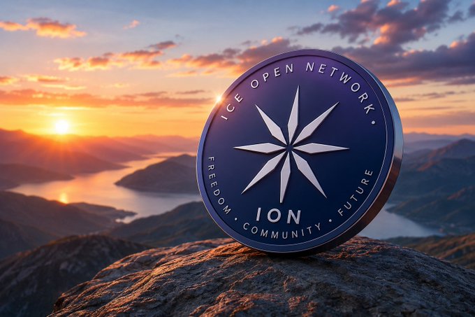 A commemorative coin bearing the "ICE OPEN NETWORK," "FREEDOM • ION • COMMUNITY • FUTURE" inscriptions, and a star emblem rests on a rocky peak at sunrise, overlooking a vast lake and mountain landscape—symbolizing ION's ascent and forward momentum. The breathtaking vista mirrors the post's message of steady progress, resilience, and building a stronger ION community together.