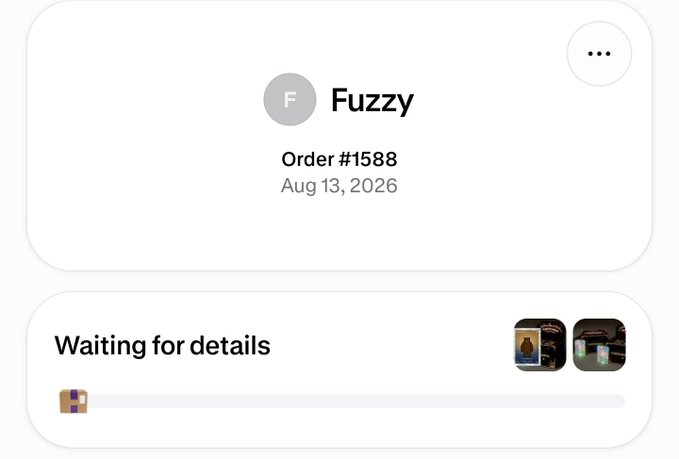 A screenshot from the Fuzzy Cards app showing Order #1588 placed on Aug 13, 2026, which is currently in the "Waiting for details" stage as the user progresses through their burn process at app.fuzzycards.com/burn for $FUZZY.