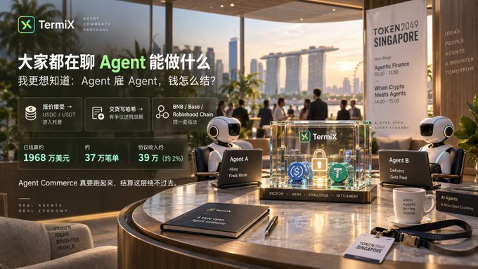 A promotional graphic for TermiX featuring AI robots at a desk discussing Agent Commerce at TOKEN2049 SINGAPORE, highlighting topics like 'Agentic Finance,' 'When Crypto Meets Agents,' and metrics showing $19,683万 in contract volume, 37万 protocol revenue, and 39万 protocol income.