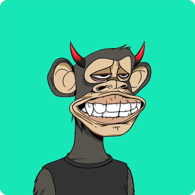 The image features a cartoon monkey with red horns, wearing a black shirt and standing against a blue background. The monkey appears to be smiling and has a funny expression on its face. There are no texts or other objects present in the image.