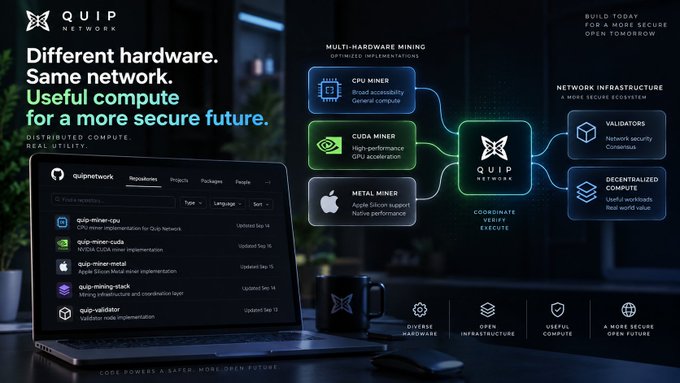 Quip Network promotional graphic with text 'Different hardware. Same network. Useful compute for a more secure future.' showing a diagram of CPU, CUDA, and Metal miners connecting to validators and decentralized compute, alongside a QuipNetwork repository page listing quip-miner-gpu, quip-miner-cuda, and quip-miner-stack packages.