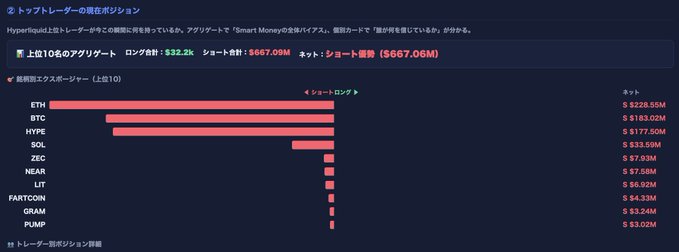 A Japanese-language screenshot of Hyperliquid's top trader positions shows a net short position of -$667.06M, with ETH leading at -$228.55M, followed by BTC at -$183.02M and HYPE at -$177.50M, visually confirming the post's warning about heavy short dominance.