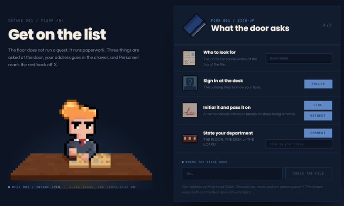 A pixel-art webpage titled "Get on the list" shows a character at a desk, with a "What the door asks" section listing four steps to gain access: "Who to look for," "Sign in at the desk," "Initial it and pass it on," and "State your department," illustrating the whimsical whitelist process for NFT projects like those mentioned in the accompanying post.