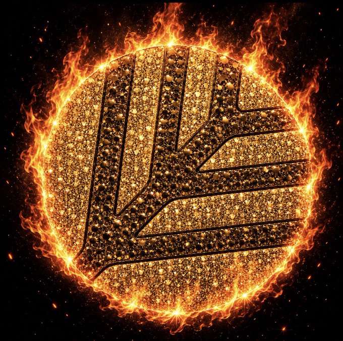 A glowing golden circular emblem with intricate patterns surrounded by intense flames against a dark background, with embers floating around the fiery design.