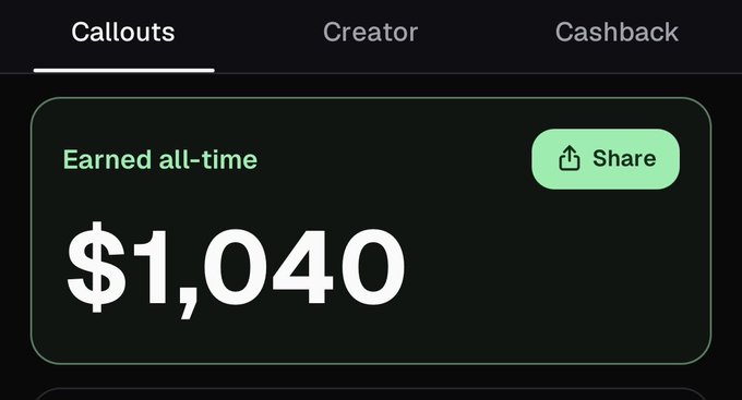 A dashboard screenshot displays "Earned all-time" earnings of $1,040 in the "Callouts" tab with a green "Share" button, supporting the post's claim of earning over $1,000 from Pump.fun by sharing trade callouts.