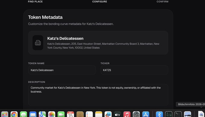 A dark-themed web interface displays 'Token Metadata' for Katz's Delicatessen with the ticker 'KATZS', described as a community market for the New York deli.