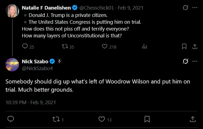 A Twitter/X screenshot showing tweets from Natalie F Danielsen (@Chesschick01) and Nick Szabo (@NickSzabo4) discussing Donald Trump's impeachment trial from February 9, 2021.