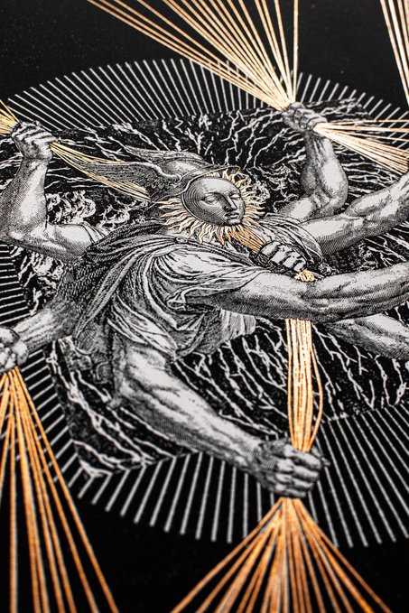 An artistic illustration of a multi-armed figure resembling the many arms of Vishnu, holding golden threads or ropes, with radiating lines in the background.