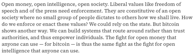 A text excerpt discussing open money, open intelligence, and open society, advocating for bitcoin as a tool to empower individuals and enforce liberal values like freedom of speech.