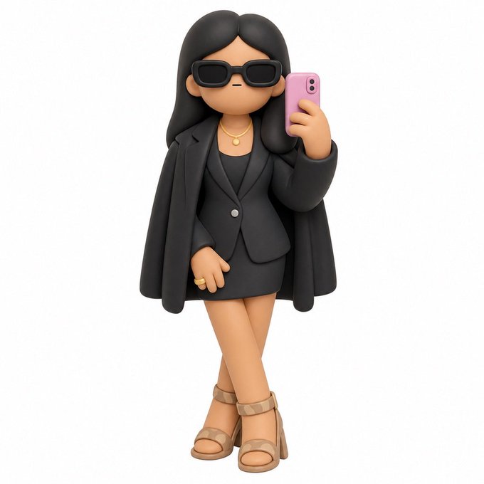 A 3D stylized figure of a woman with long black hair, wearing sunglasses, a black blazer over a dress, and tan platform heels, holding a pink smartphone.