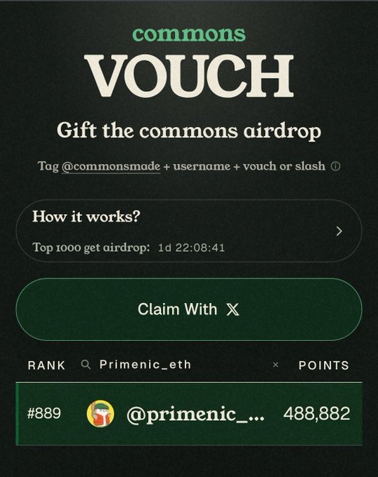 The image shows a "commons VOUCH" airdrop gift page displaying the user "primenic_eth" ranked #889 with 488,882 points, nearly out of the top 1,000 cutoff. The post humorously references this precarious position, acknowledging that the user is about to drop out of the top 1000 and receive no airdrop, blaming poor community support as the reason for their impending fall.