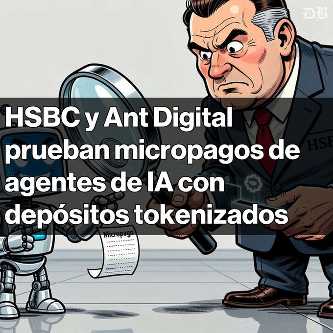 Cartoon illustration of a businessman holding a magnifying glass over a small robot printing "Micropay," with Spanish text overlay: "HSBC y Ant Digital prueban micropagos de agentes de IA con depósitos tokenizados".