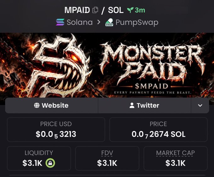 A cryptocurrency trading interface for 'MPAID/SOL' on PumpSwap showing a monster-themed logo with the tagline 'EVERY PAYMENT FEEDS THE BEAST,' a price of $0.005321, and liquidity/FDV/market cap of $3.1K.