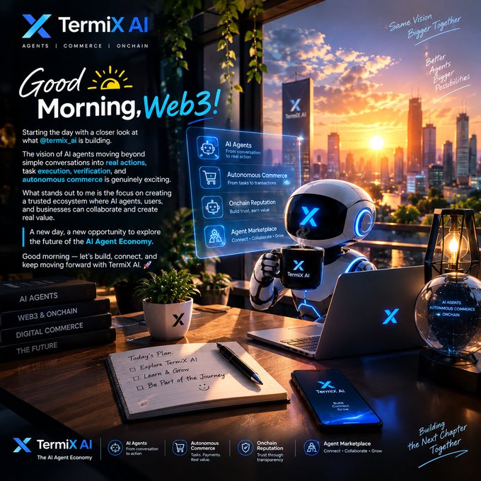 A Termix AI promotional graphic titled "Good Morning, Web3!" featuring a robot with an X logo holding coffee, listing features like AI Agents, Autonomous Commerce, Onchain Reputation, and Agent Marketplace against a city skyline.