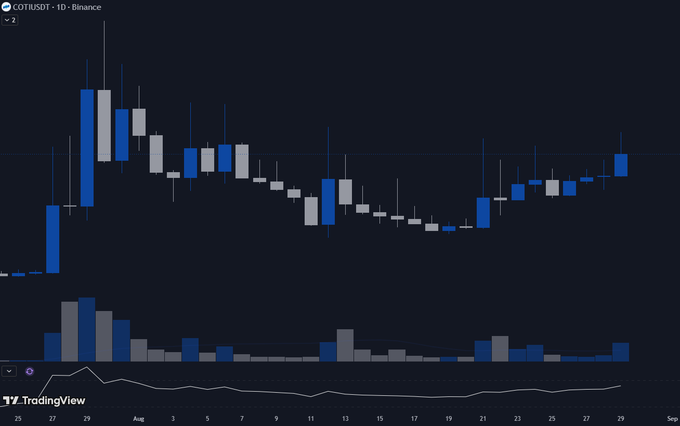 A TradingView candlestick chart shows COTI/USDT on Binance over the daily timeframe from late July through August, depicting a price range from a peak near 0.08 down to a low around 0.03 before recovering toward 0.06, suggesting anticipation of a September breakout after a prolonged consolidation phase.