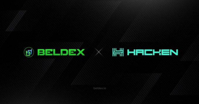 A promotional banner with a black background featuring the logos "BELDEX" and "HACKEN" separated by an X, with "beldex.io" written at the bottom.