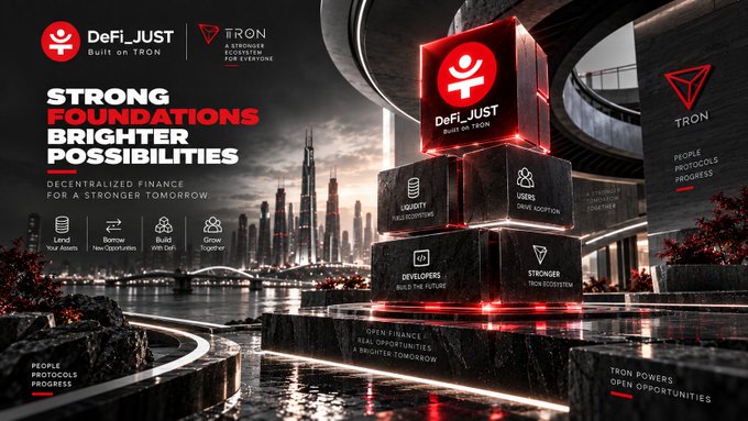 A promotional banner for "DeFi_JUST" Built on TRON, displaying the slogan "STRONG FOUNDATIONS BRIGHTER POSSIBILITIES" against a futuristic cityscape, highlighting icons for Users, Revenue, NFTs, and Users, alongside a TRON ecosystem logo.