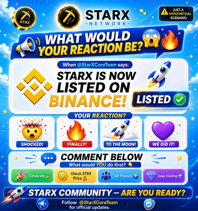 A colorful promotional graphic for STARX Network asks 'What would your reaction be?' if STARX was listed on Binance, featuring various reaction emojis and community action buttons.
