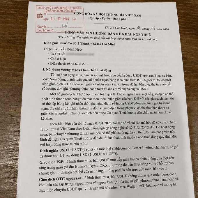 An official tax registration letter dated July 1, 2026, from "Trần Đình Nghi" in HCMC to Tax Department No. 2, requesting guidance on declaring and paying taxes for his USDT (Tether) trading activities via Binance P2P and OTC, settled in Vietnamese Dong. The document illustrates the rare proactive compliance referenced in the post, where an individual voluntarily approaches tax authorities instead of concealing crypto income.