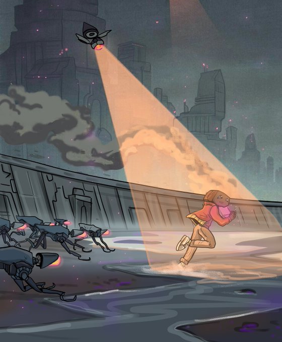 An illustration depicting a young person with brown skin and a pink hoodie running across a futuristic, dystopian rooftop from robotic dogs, while being watched by a hovering drone projecting a searchlight.