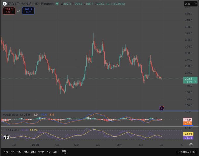 A candlestick chart from Binance displays TAO/TetherUS on the 1D timeframe, showing the price at $202.3 with a +0.05% change, alongside technical indicators revealing an RSI of 36.35 (bearish momentum) and MACD values of -1.9/-8.5, visually confirming the post's assessment of a weak, range-bound market between $145 and $375 since December.