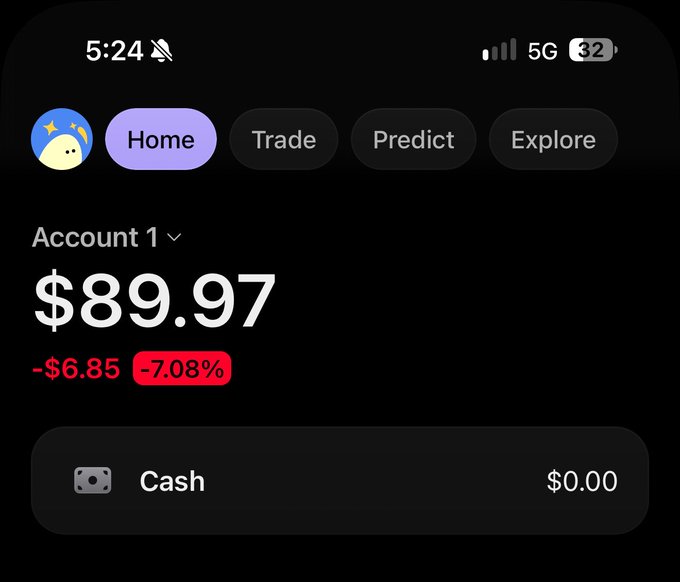 The image shows a mobile trading/crypto app displaying "Account 1" with a portfolio value of $89.97, down $6.85 (-7.08%), with $0.00 cash balance, while the post attempts to solicit $15 giveaways for followers—a likely giveaway scam that contrasts with the app's small account balance suggesting modest crypto involvement.