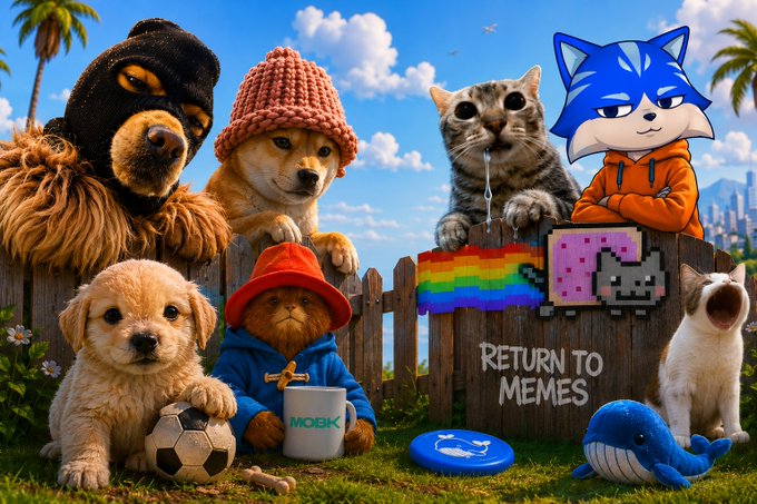 A group of animal characters, including dogs, cats, and Paddington Bear, are depicted behind a fence featuring "RETURN TO MEMES" and various internet meme imagery. The image relates to the post by showing a collection of internet-famous characters as part of a meme, suggesting a debate or discussion about whether these elements constitute "gmoby" which is not visually represented in the image.
