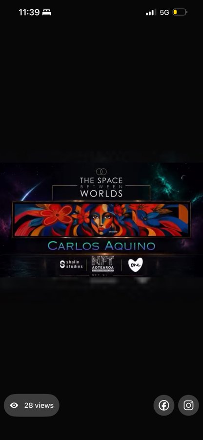 A mobile screen displays a digital art piece titled 'THE SPACE BETWEEN WORLDS' by Carlos Aquino, showing 28 views.
