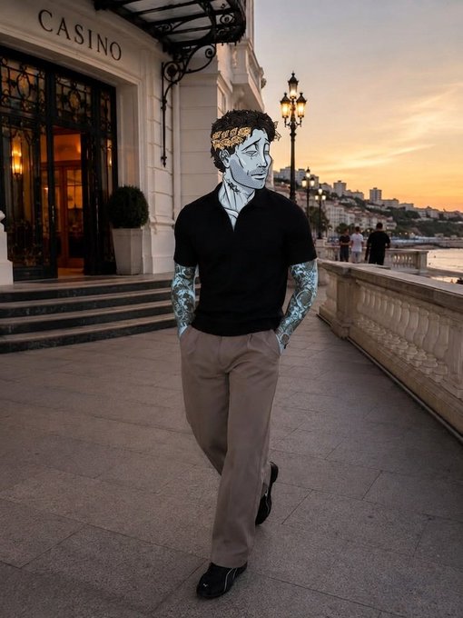 An edited image of a man in a black polo shirt and tan trousers walking in front of the Monte Carlo Casino, with his face replaced by a stylized cartoon face with tattooed arms.