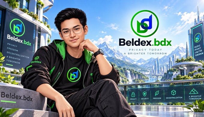 A promotional image for 'Beldex.bdx' featuring a young man in glasses and black-and-green branded clothing, with text 'Privacy Today, A Brighter Tomorrow' against a futuristic city backdrop.