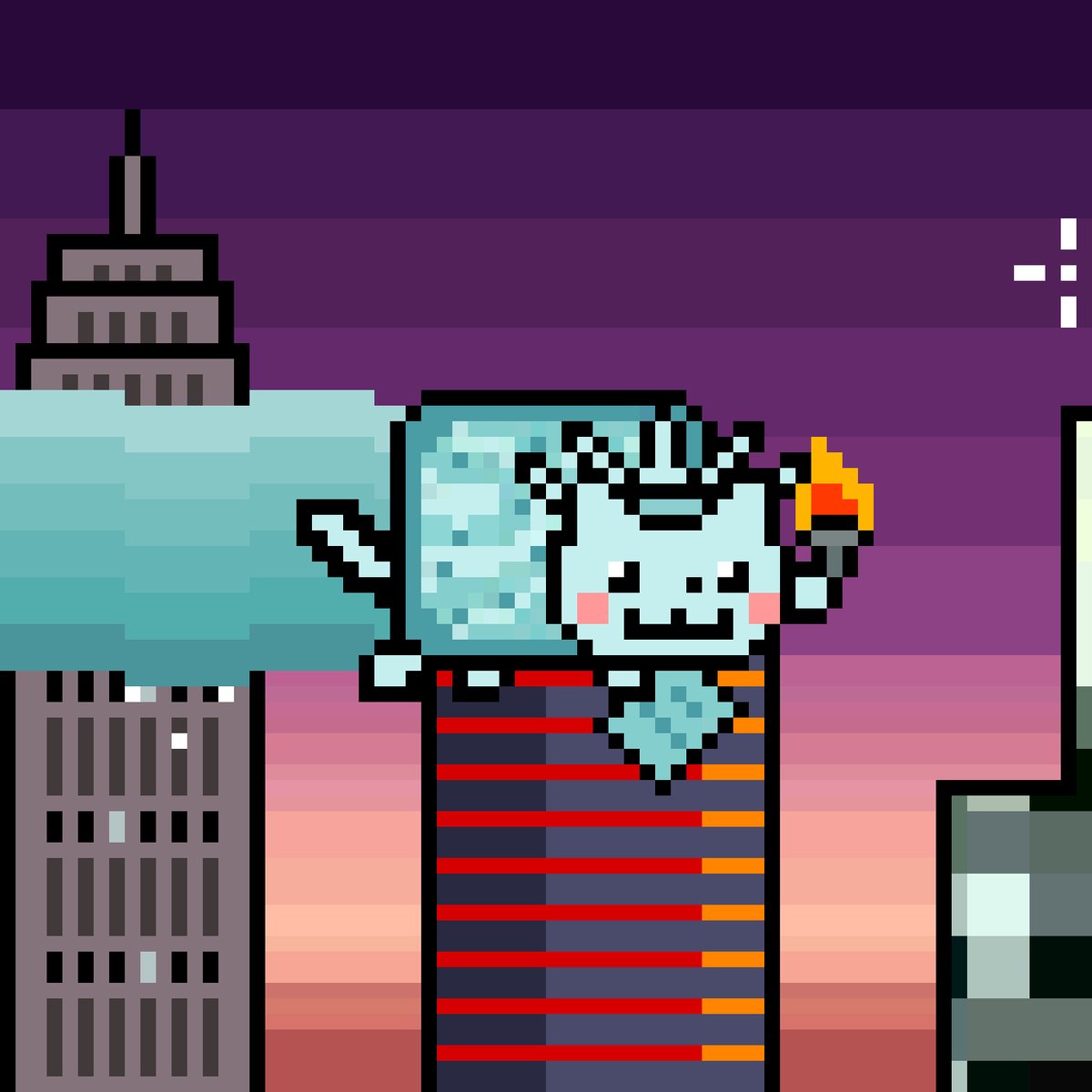 The image features a cartoon cat sitting atop a tall building, holding an object that appears to be a torch or a lighter. The cat's position and the object it holds suggest that they are part of a video game or animation project. The caption on the image reads "Liberty Nyan Cat collected by nftbutlere for .", which implies that someone has created this cartoon cat as a character in a video game or animated series.

The image is set against an urban backdrop with buildings and a city skyline, indicating that it could be part of a larger project or story involving the cat's adventures within a city environment. The presence of a building suggests that the cat might be navigating through various architectural structures as they explore their surroundings.