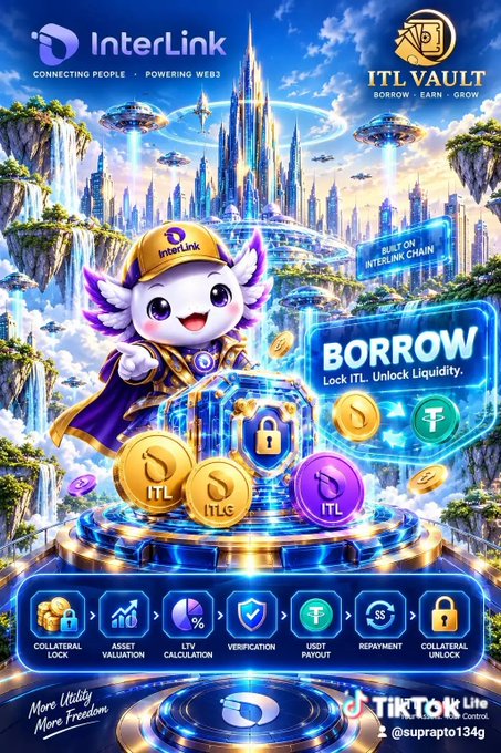 A vibrant promotional graphic for 'InterLink ITL VAULT' featuring a cartoon mascot with wings and a cap, advertising 'BORROW' features against a fantasy cityscape with waterfalls.