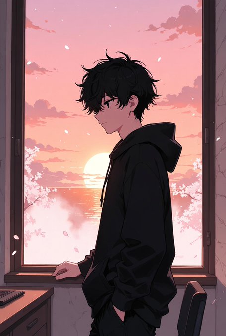 An anime-style illustration of a black-haired character in a black hoodie looking out a window at a pink sunset over the ocean with cherry blossoms.
