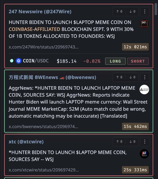A crypto news terminal displays alerts from 247 Newswire, BWENews, and xtc, all reporting that Hunter Biden will launch a $LAPTOP meme coin on a Coinbase-affiliated blockchain on September 9 with 30% of 1B tokens allocated to founders, sourced from the Wall Street Journal. The screen also shows a COIN/USDC pair priced at $185.14 with Long/Short buttons.