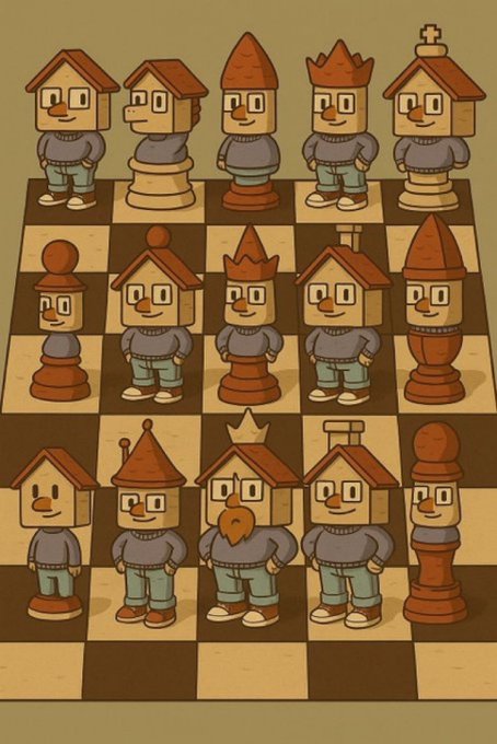 A whimsical illustration depicts anthropomorphic chess pieces styled as people with house-shaped and pointed heads, arranged on a checkered board. The playful, cartoonish scene evokes a cozy "gchill" vibe, blending the strategic feel of chess with a relaxed, quirky charm.