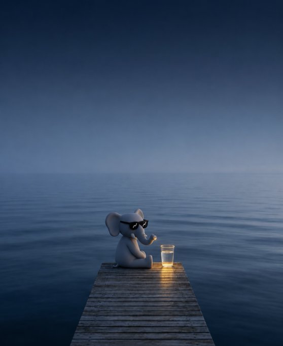A 3D-rendered illustration of a small gray elephant wearing sunglasses, sitting on a wooden dock at dusk holding a drink next to a glowing cup of liquid.