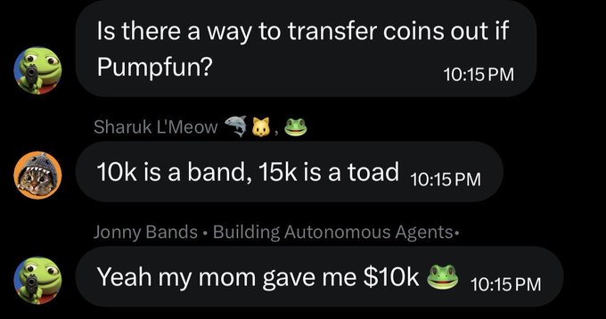 A Discord chat conversation where users discuss transferring coins out of Pumpfun, with messages including '10k is a band, 15k is a toad' from Jonny Bands.