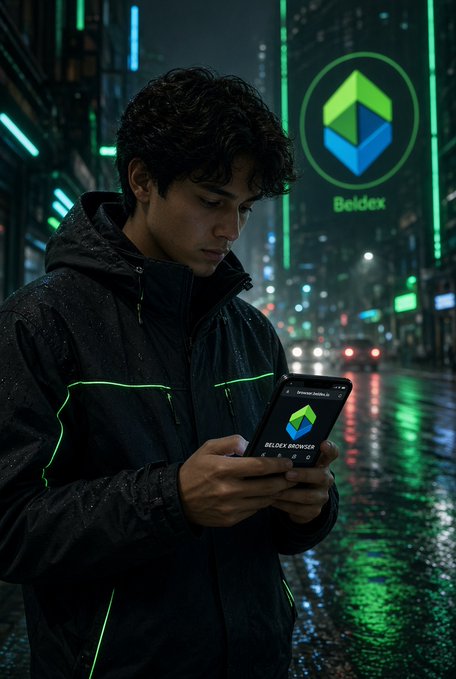A young man in a neon-accented jacket looks down at his phone displaying the "Beldex Browser" logo, set against a rain-soaked cyberpunk cityscape glowing with a large "Beldex" sign. The image visually captures the post's theme of Beldex's interconnected privacy ecosystem—showing real-world usage of their suite of apps (BChat, BelNet, Beldex Browser, and BNS) working together seamlessly on a mobile device.