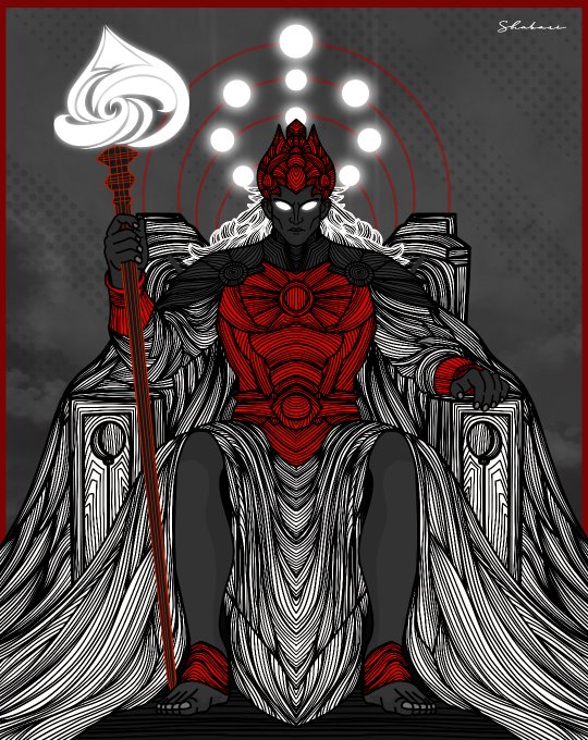 A dark fantasy illustration depicts a dark-skinned figure wearing red armor and a flowing white robe, seated on a throne while holding a staff topped with a white flame, signed 'Stokvis'.
