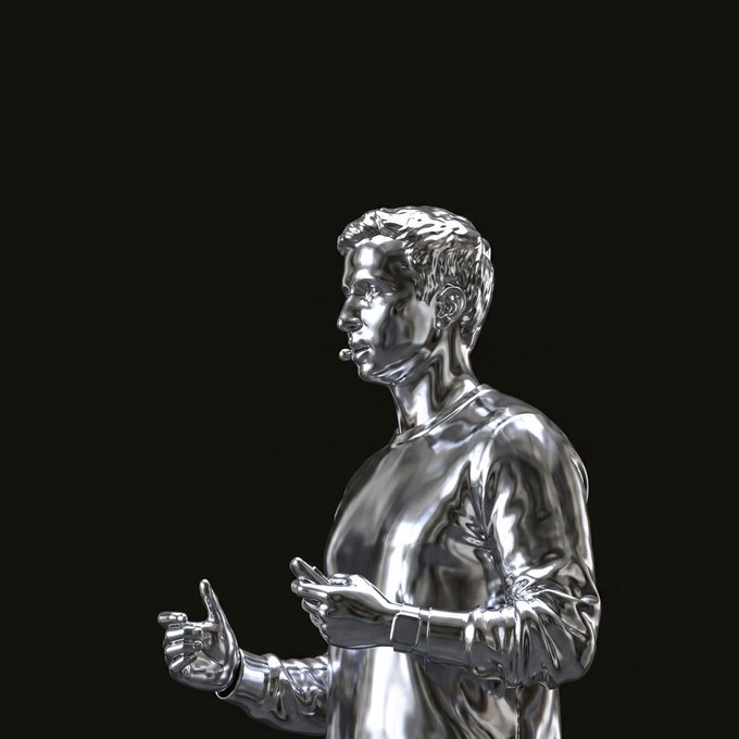 A polished chrome statue of a man in a gesturing "at your service" pose, visually echoing the post's announcement of physical silver ($SILV) launching on Solana with the metal figurine symbolizing tangible, redeemable assets backing the token.