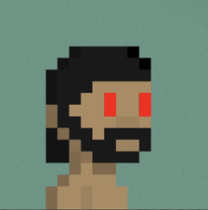 A pixel art illustration depicts a bearded man with glowing red eyes against a teal background.