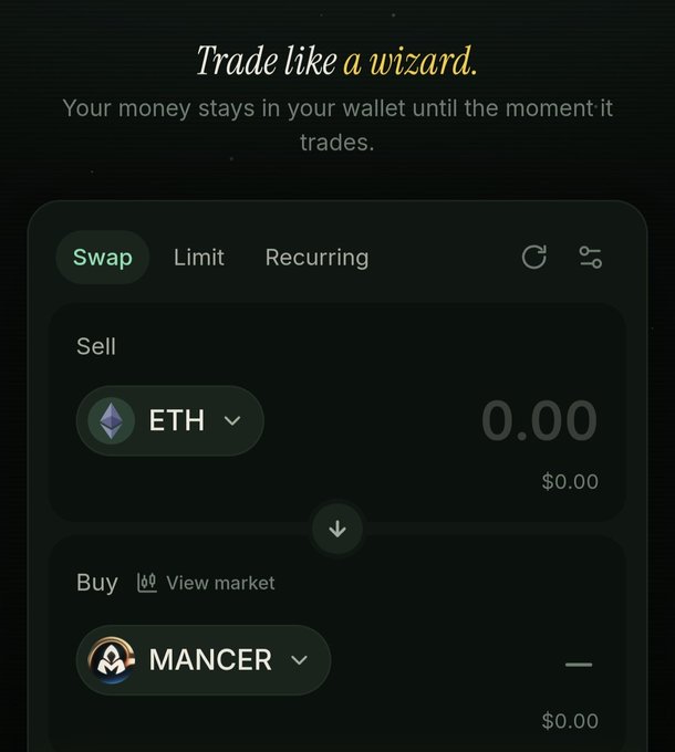 A cryptocurrency trading interface with the tagline 'Trade like a wizard,' showing a Swap function to sell ETH for Mancer token with zero balances displayed.