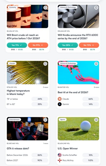 A prediction market interface displaying various bets including Brent crude oil reaching ATH by Oct 2026, Nvidia announcing the RTX 6000 series, Miami temperature, best AI at end of 2026, GTA 6 release, and the U.S. Open winner.