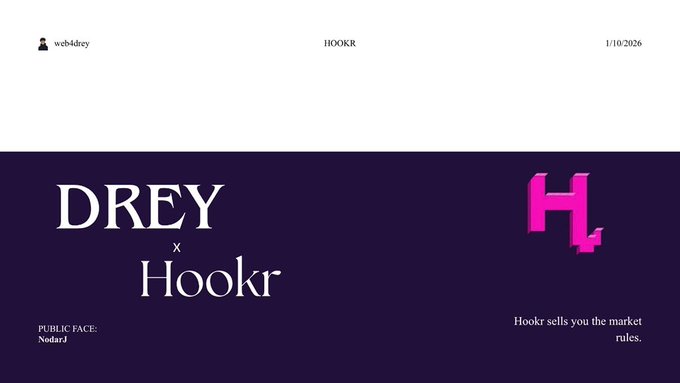 A branded graphic for 'DREY x Hookr' dated 1/10/2026, with 'PUBLIC FACE: Nodard' and the tagline 'Hookr tells you the market rules.'