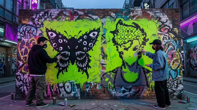 Two masked individuals spray-paint vibrant street art on a brick wall, including a butterfly with eyes and a portrait with sunglasses.