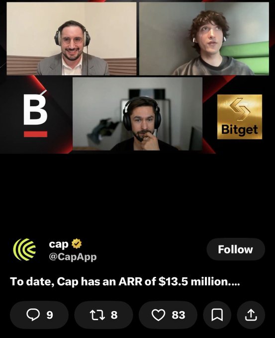 A screenshot of the Bankless podcast featuring hosts Ryan and David alongside Benjamin from Cap, alongside a tweet from @CapApp announcing Cap's $13.5 million ARR. The image illustrates the speaker being accused of misrepresenting Cap's institutional funding during the podcast.