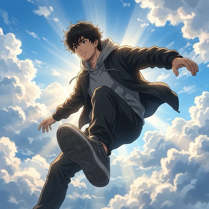 An anime-style illustration of a young man with dark hair wearing a black jacket and hoodie, leaping or floating through a bright sky with clouds and sun rays.