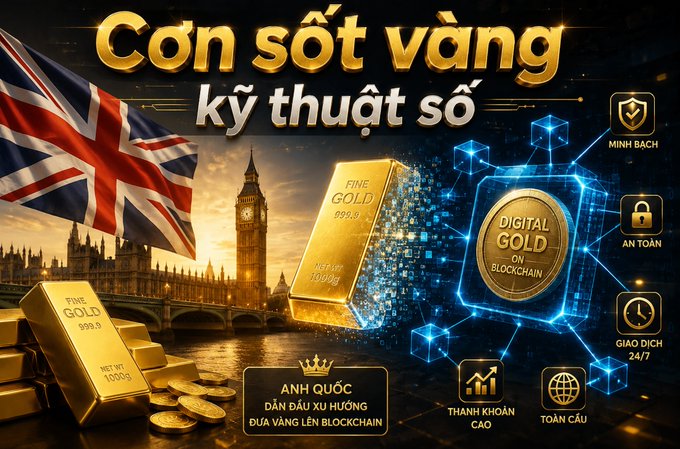 The image showcases a promotional graphic titled "Cơn sốt vàng kỹ thuật số" (Digital Gold Fever) featuring the British Union Jack flag, Big Ben, and gold bars labeled "FINE GOLD 999.9" alongside a digital "DIGITAL GOLD ON BLOCKCHAIN" token, with icons highlighting benefits like "MINH BẠCH" (Transparency), "AN TOÀN" (Security), "GIAO DỊCH 24/7" (24/7 Trading), and "ANH QUỐC DẪN ĐẦU XU HƯỚNG ĐƯA VÀNG LÊN BLOCKCHAIN" (UK Leading the Trend of Bringing Gold to Blockchain). It visually reinforces the post's message about the UK's FCA developing a regulatory framework for tokenized gold to maintain London's position amid competition from Shanghai and Hong Kong.