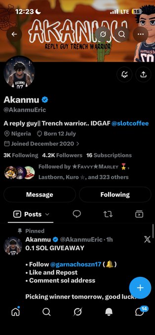 A Twitter/X profile for Akanmu (@AkanmuEric), a Nigerian 'Trench warrior' with 4.2K followers, featuring a pinned tweet about a '0.1 SOL GIVEAWAY' requiring followers to like, repost, and comment their SOL address.
